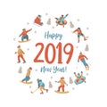 Happy New Year. Vector illustration. A set of characters engaged in winter sports and recreation. Royalty Free Stock Photo